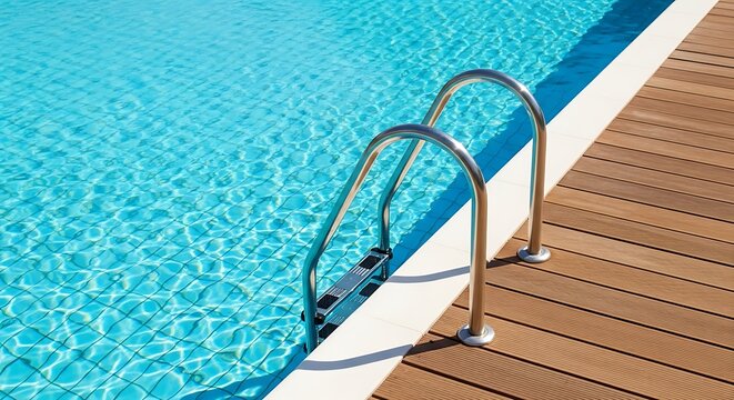 Swimming Pool with Aqua Water and Stainless Steel Ladder on Wood Deck