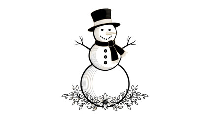 Whimsical Snowman: A delightful illustration of a snowman wearing a top hat and scarf, standing amidst a bed of floral embellishments, embodying winter charm.