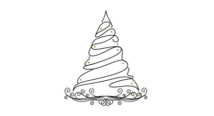 Whimsical Christmas Tree Illustration: A whimsical illustration of Christmas tree, adorned with delicate golden ornaments and elegant design at base.
