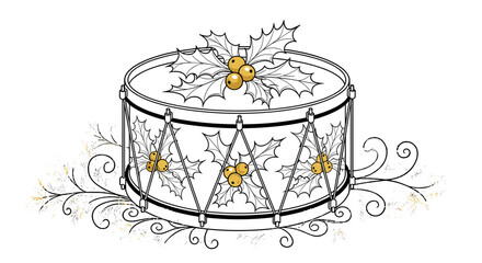 Holiday Drum Illustration: A festive holiday illustration presents a beautifully adorned drum, embellished with delicate holly leaves and golden berries. A blend of artistic design.