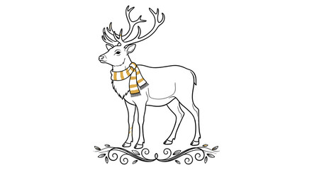 Elegant Stag Illustration: A distinguished stag adorned with a patterned scarf stands majestically, with impressive antlers, complemented by an ornate floral border.
