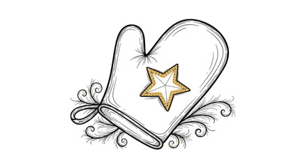 Ornamental Oven Mitt: A delicately drawn oven mitt, featuring a star design and ornate detailing, evokes a sense of culinary artistry and festive warmth.