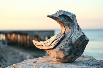 Graceful, naturally sculpted driftwood resembling a bird or wave, rests on coastal rocks by the calm ocean at serene sunset.
