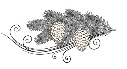 Pinecone Delight: An illustration featuring a graceful pine branch adorned with delicate pinecones, the image evokes a sense of natural artistry and serene beauty.
