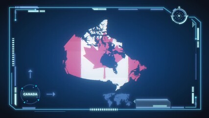 Futuristic Digital Canada map HUD animation, global network cyber technology, government, Country Map, Politics, Travel, News, and Sports Events - Powered by Adobe