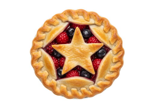 Patriotic Berry Pie with Star-Shaped Crust, Overhead View, Isolated on White Background