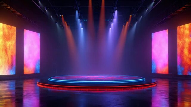 Futuristic stage with colorful lighting and glowing LED screens background