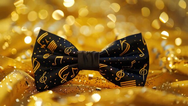 Black bow tie with gold musical notes design set against sparkling background
