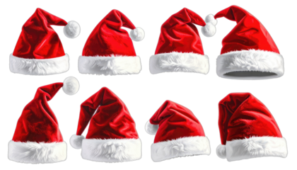 A collection of eight red Santa hats with white trim and pom-poms on a black background.