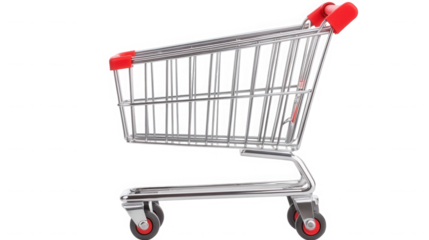 Side view of a metal shopping cart with red accents on black background on transparent background