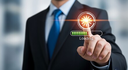 Man in Suit Touches Loading Icon with Green Progress Bar
