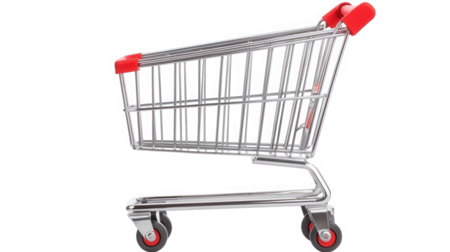 Side view of a metal shopping cart with red accents on black background on transparent background
