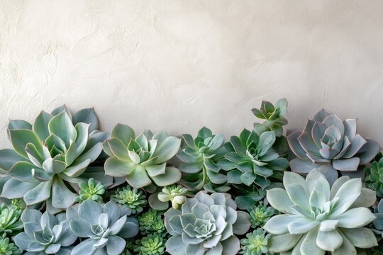 A beautiful array of green and blue succulents arranged against a textured cream background with ample copy space above.