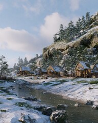 Snowy Mountain Village With Creek At Winter