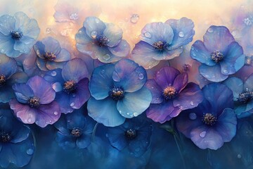 Vibrant blue and purple flowers with glistening water droplets create a serene, mystical garden scene. Soft-lit background enhances their delicate beauty.