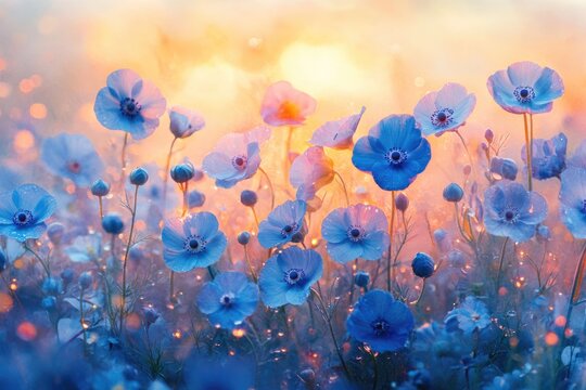 A breathtaking field of vibrant blue and purple flowers bathed in ethereal golden light. Soft bokeh sparkles create a magical, dreamlike scene. - Powered by Adobe