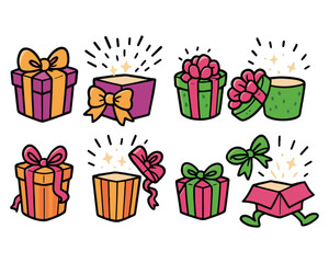 A seamless vector pattern set of colorful gift boxes with bows and ribbons for Christmas, birthday, or holiday celebration decoration