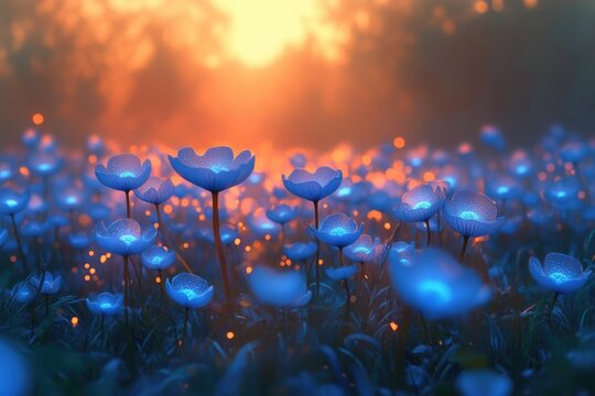 Field of luminous blue fantasy flowers under a warm, ethereal sunset. Each bloom sparkles, creating a magical, enchanting dreamscape.