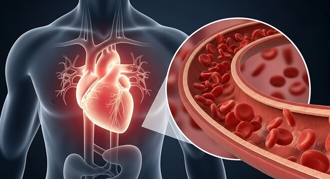 Human Body Anatomy with Heart and Blood Cells in Vein Illustration