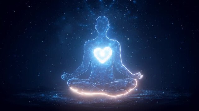 Abstract figure meditating with glowing heart symbol dark background