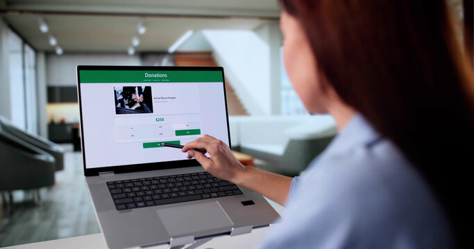 Young Woman Using Financial App To Donate To Nonprofit Fundraiser Online