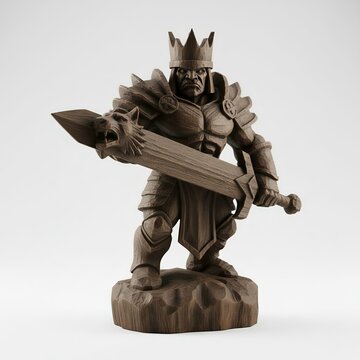 Furious Wooden King Chess Piece, Mighty Warrior Sculpture with Great Wolf Head Sword