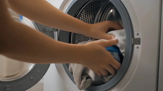 Loading Laundry Close-up of Person Placing Clothes into Washing Machine