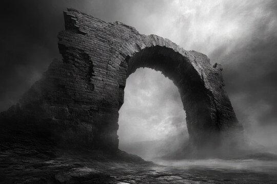 A dramatic grayscale image of a colossal, ancient stone archway stands majestically amidst swirling mist and a brooding, stormy sky, evoking mystery. - Powered by Adobe
