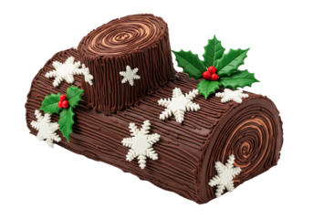 Traditional Chocolate Yule Log Cake (Bûche de Noël) with Holly and Snowflakes, Christmas Dessert Isolated