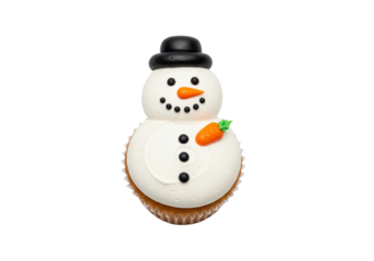 Festive Snowman Cupcake Isolated on White - Whimsical Winter Dessert with Carrot Nose and Top Hat, Perfect for Christmas & Holiday Celebrations