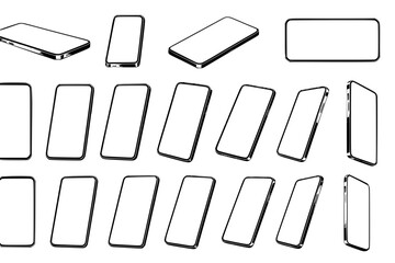 A collection of smartphones at different angles. Mobile phones isolated on white background, different sides of the Mockups. Smartphone generic device. 3D realistic gadgets. Rotated position. Vector