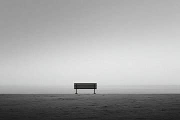 Empty Bench On Foggy Beach Black And White
