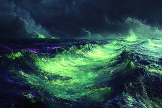 Turbulent dark ocean with glowing green and purple waves beneath a stormy, dramatic sky, creating an otherworldly, mystical marine scene.