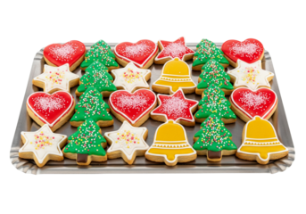Festive Christmas Cookies: Assorted Hearts, Stars, Trees, and Bells with Colorful Icing and Sprinkles on a Tray