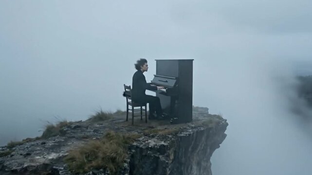 This captivating wide shot features a lone figure seated at a classic black upright piano, positioned precariously on the rugged edge of a dramatic cliff overlooking a vast, misty abyss. The atmospher