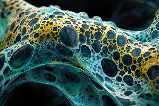Abstract organic structure with vibrant yellow, teal, and blue porous texture, resembling a microscopic or alien organism with liquid-filled cells. - Powered by Adobe