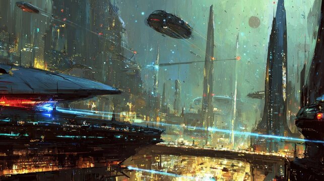 Futuristic Cityscape At Night With Spaceships