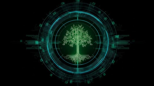 Abstract digital tree icon within a tech circle on black background