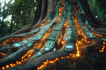 Ancient tree roots glow with integrated green circuit board patterns and orange energy pathways, representing a powerful synthesis of nature and technology.