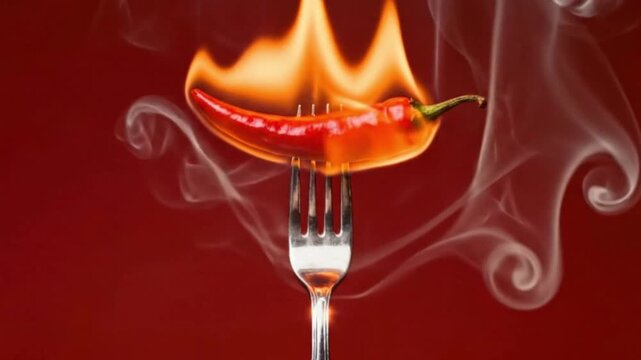 This dynamic close-up footage captures a vivid red chili pepper impaled on a shimmering silver fork, dramatically engulfed in bright orange flames and swirling wisps of smoke. Set against a striking c