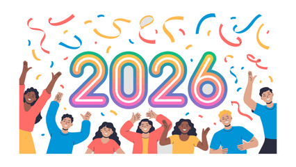 New Year Celebration 2026: A group of individuals exuberantly celebrate the arrival of the year 2026 with a vibrant display of confetti and collective joy and optimism.