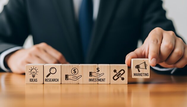 Businessman placing wooden block with megaphone icon to complete sequence of business strategy and marketing concept - Powered by Adobe
