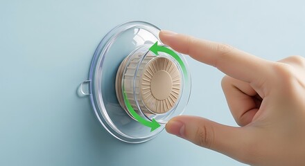 Hand Rotating Beige Suction Cup on Blue Wall with Green Arrow