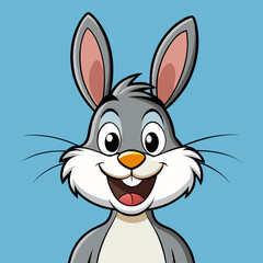 Cheerful gray cartoon rabbit character smiling with a wide grin