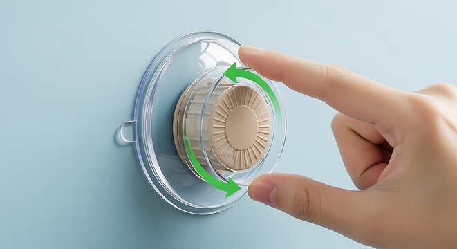 Hand Rotating Beige Suction Cup on Blue Wall with Green Arrow