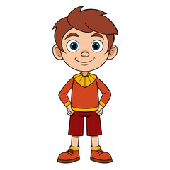 Friendly smiling cartoon boy character standing with hands on hips.
