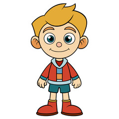 Blonde hair happy smiling cartoon boy character in red outfit