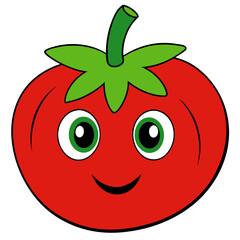 Smiling cartoon tomato illustration with green stem and leaves