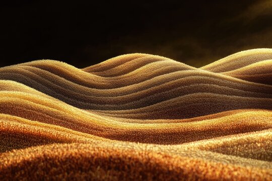 Golden, fuzzy, undulating landscape resembling abstract sand dunes or a textured field under warm, dramatic lighting, contrasting with a dark background.