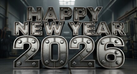 Happy new year 2026 metallic industrial text and numbers